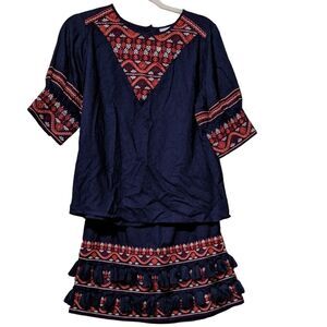 New Roberta Roller Rabbit embroidered tasseled skirt top set navy size XS/S